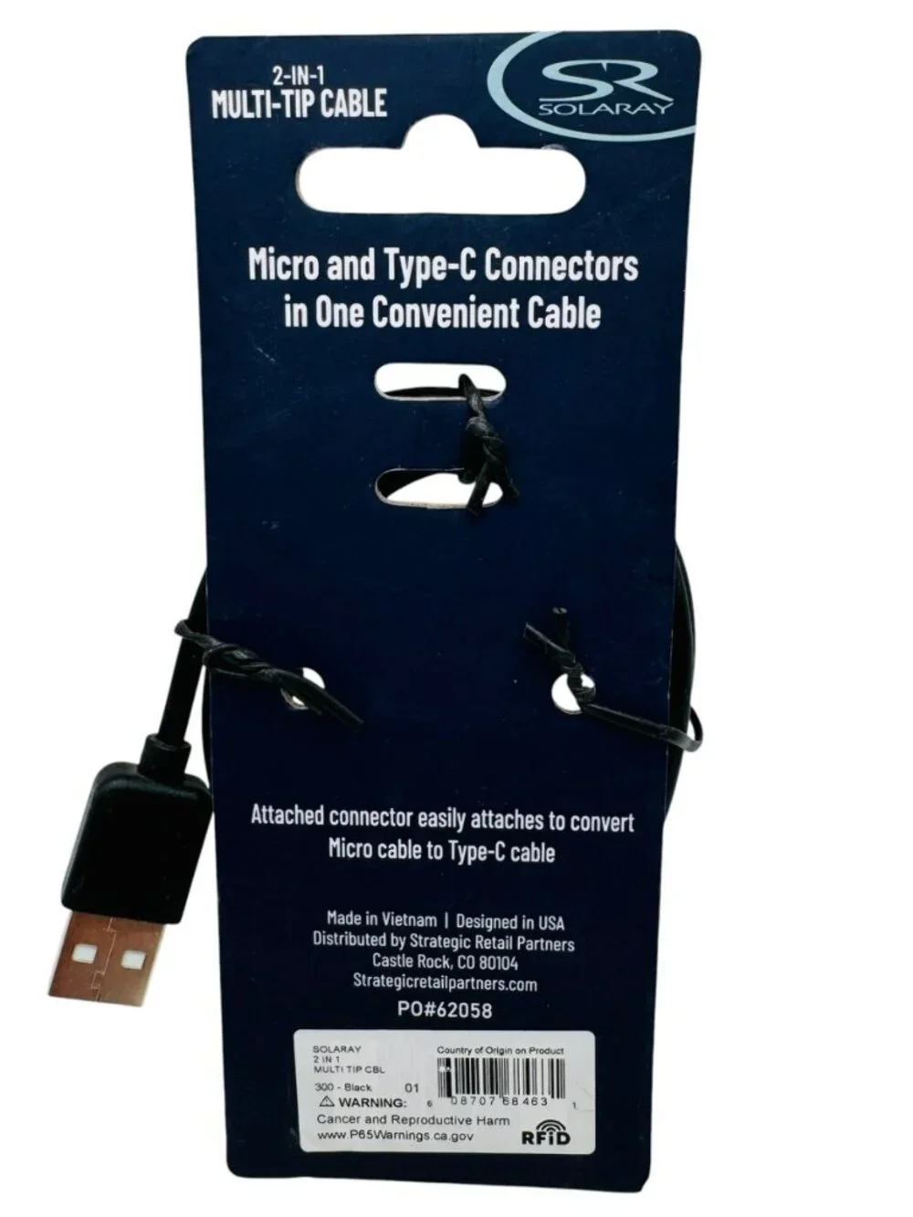 Solaray 2-In-1 Multi-Tip Cable Micro USB To Type-C 4ft Black Charging Cable